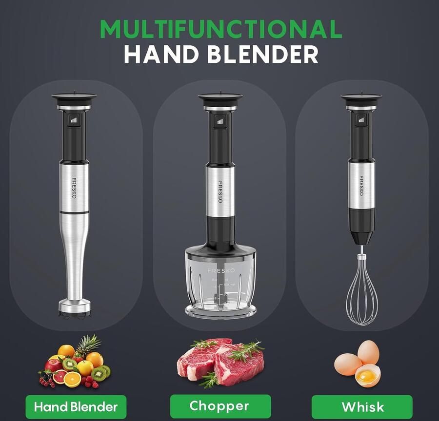 Staafmixer 4-in-1 – 1000W – Traploze Snelheidsregeling – RVS Messen – Met Hakmolen Garde & Maatbeker