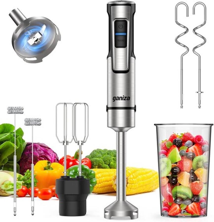Staafmixer 5-in-1 pureerstaaf 1200 W sterk vermogen met snelheidsregeling en turboknop handblender met dubbele melkopschuimer voor de bereiding van sauzen soepen milkshake