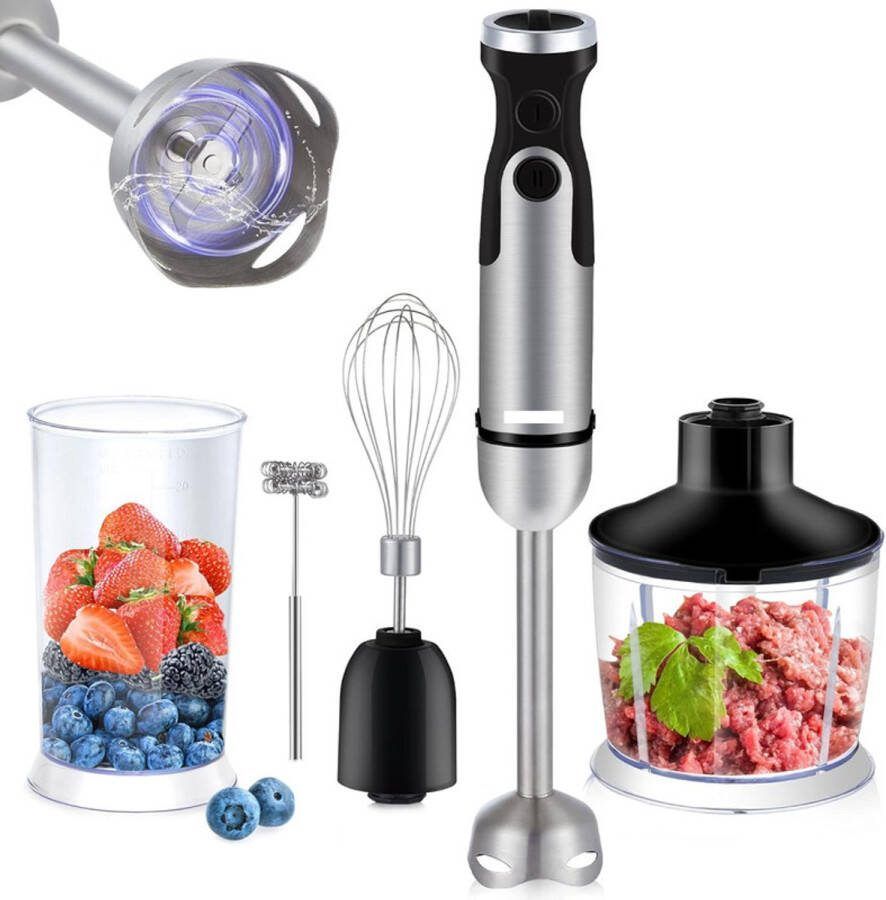 Staafmixer BHB1200 (1200 W 6 snelheidsniveaus + turbo inclusief 500 ml hakkom en 600 ml beker) met roestvrijstalen messen BPA-vrij