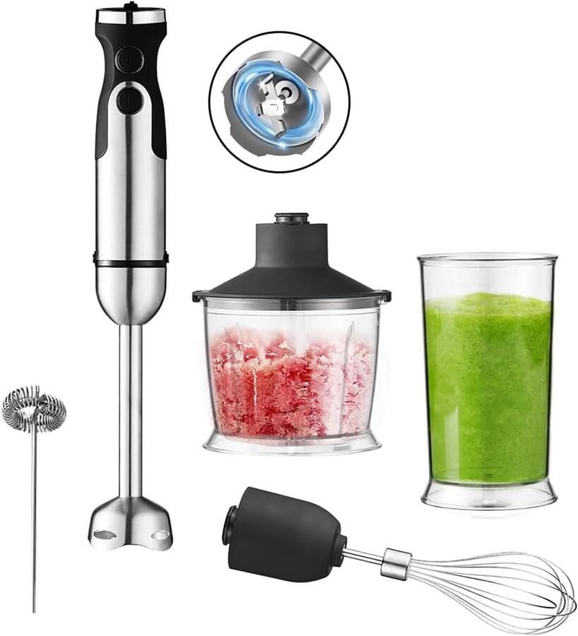 Staafmixer Elektrische blender Multifunctionele blender 5-in-1 roestvrijstalen staafmixer met turbinestand met variabele snelheid en snijder blender en schuimer Geschikt voor het maken van smoothies sappen Bakbenodigdheden