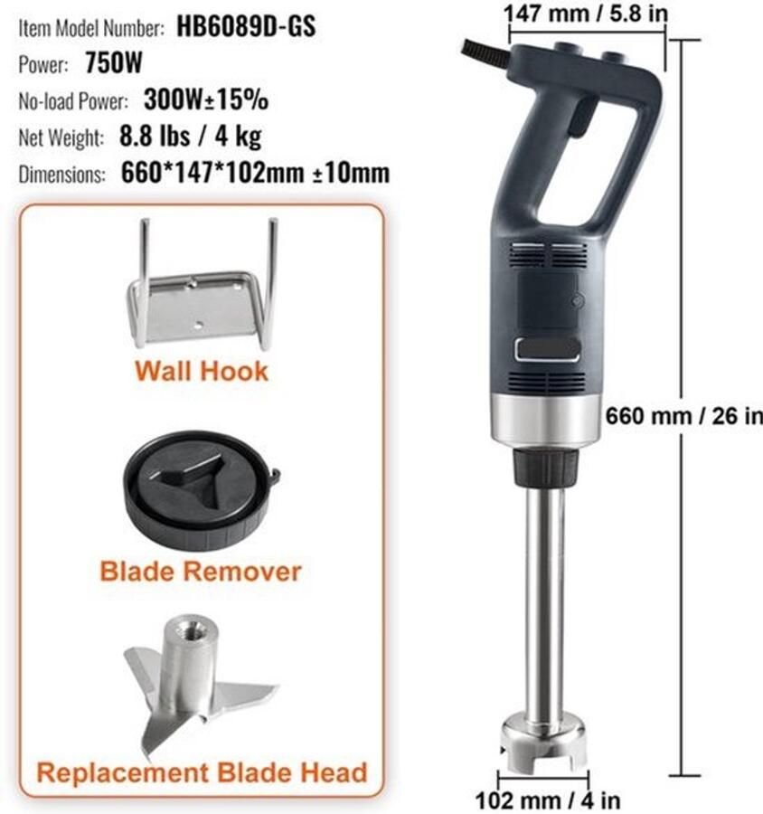 Staafmixer – Elektrische Staafmixer – Handmixer – Keukenmixer – Blender – 750 Watt Motor – Roestvrijstalen Messen