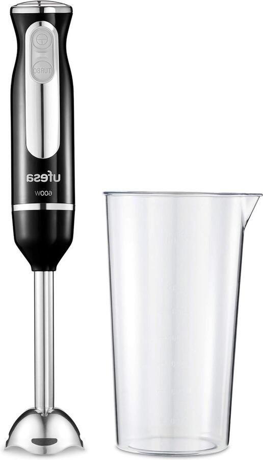 Staafmixer Hand Blender 600 W Turbofunctie 2 Roestvrijstalen messen en mengvoet Ergonomisch en spatbescherming ontwerp Inclusief maatbeker BPA-vrijzwart