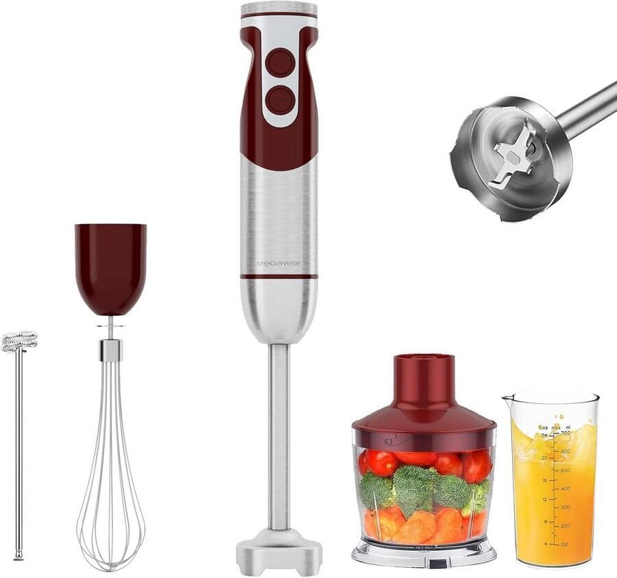Staafmixer Handblender 5-in-1 Keukenbereidingen Maken Krachtige Koperen Motor 600 ml Beker Rood