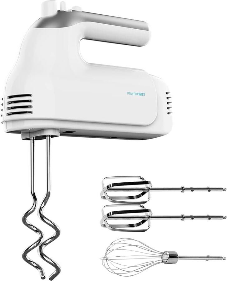 Staafmixer Powertwist 500 Pro. 500W 5 snelheden turbo-functie inclusief roestvrijstalen garde kneedhaak QuickOut-knop BPA-vrij verticale stand perfecte mengsels