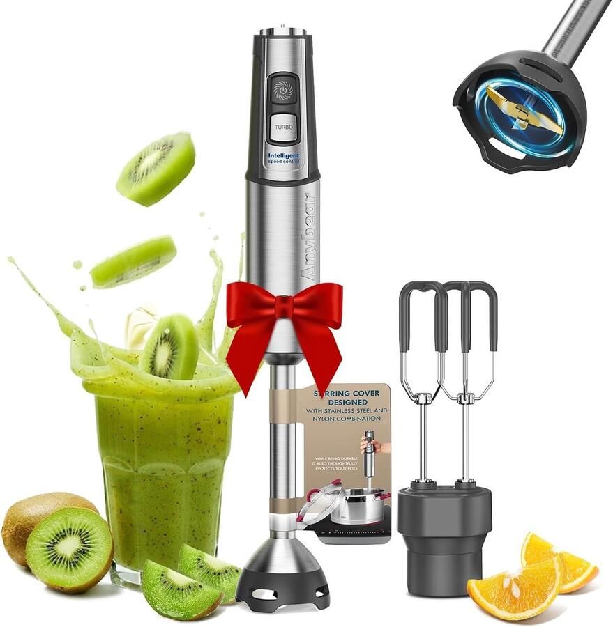 Staafmixer RVS 1100 W 2-in-1 Staafmixer met Koperen Motor en Garde-opzetstuk Voor Koken en Bakken