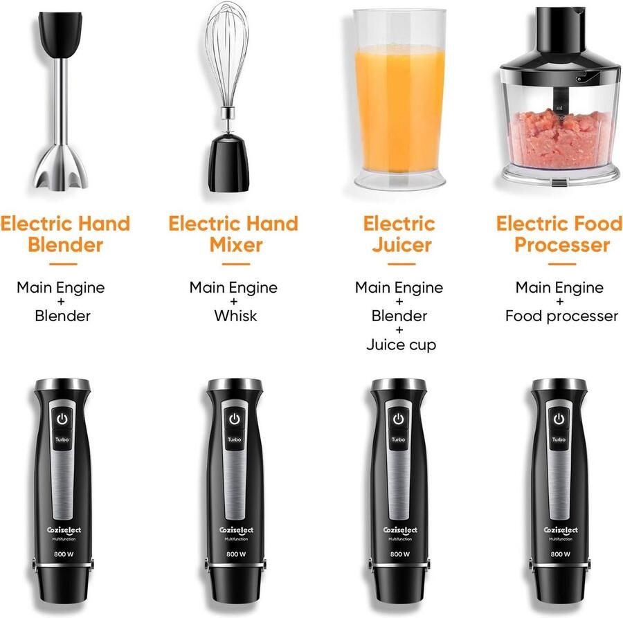 Staafmixer Set 4-in-1 800 Watt met Hakmolen en Garde 600ml Mengbeker 500ml Chopper