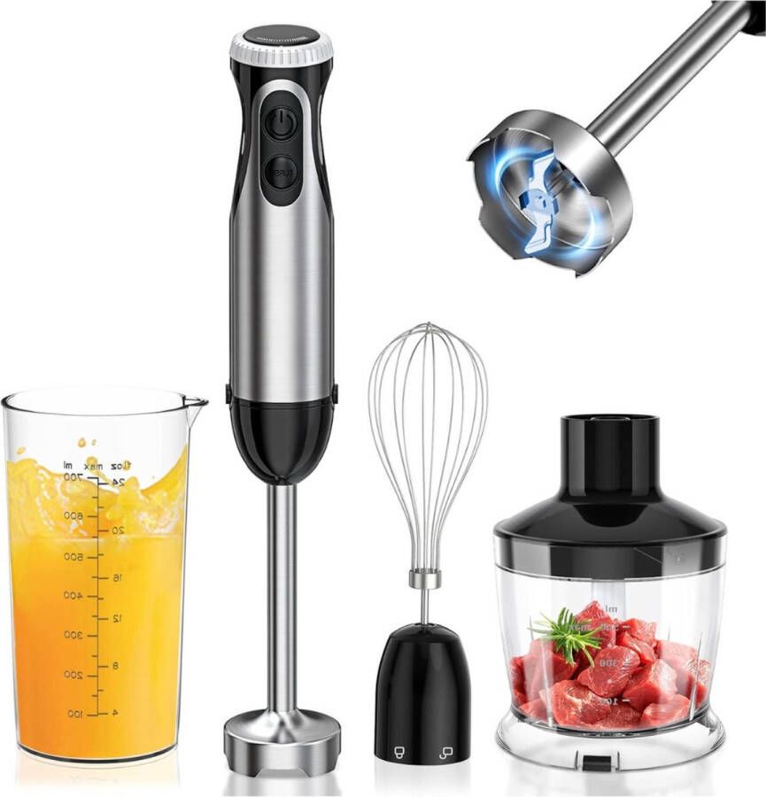 ALLGoods. Bonsenkitchen Staafmixer Set 4-in-1 Handmixer 1000Watt Hakmolen Roestvrij Staal – Handblender met Turbo – Professionele Hakmolens 240V – Staafmixer 1000 watt Staafmixers Staal Zwart