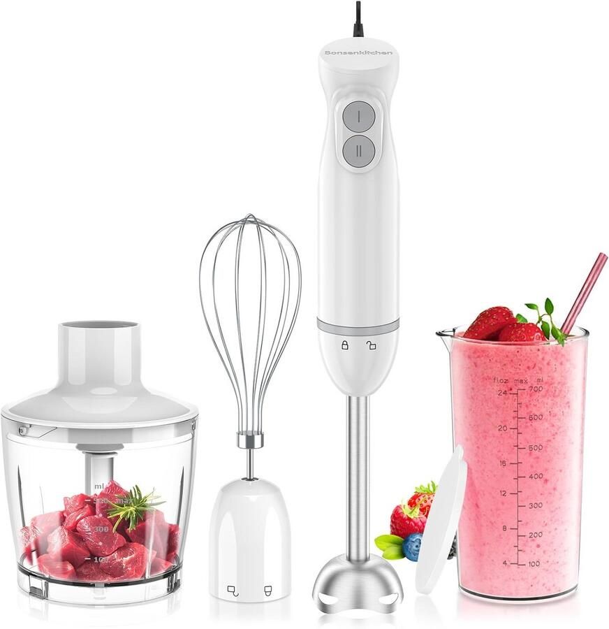 Staafmixer Set Keukenmixer Hand Eten Bereiden Krachtige 1000W Motor 500ml Hakmolen Wit