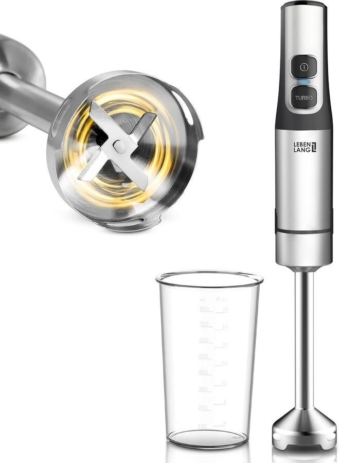 Hand Blender RVS Staafmixer Mixer Soepen Puréen Krachtige 1500 Watt Motor 800 ml Maatbeker Zilver