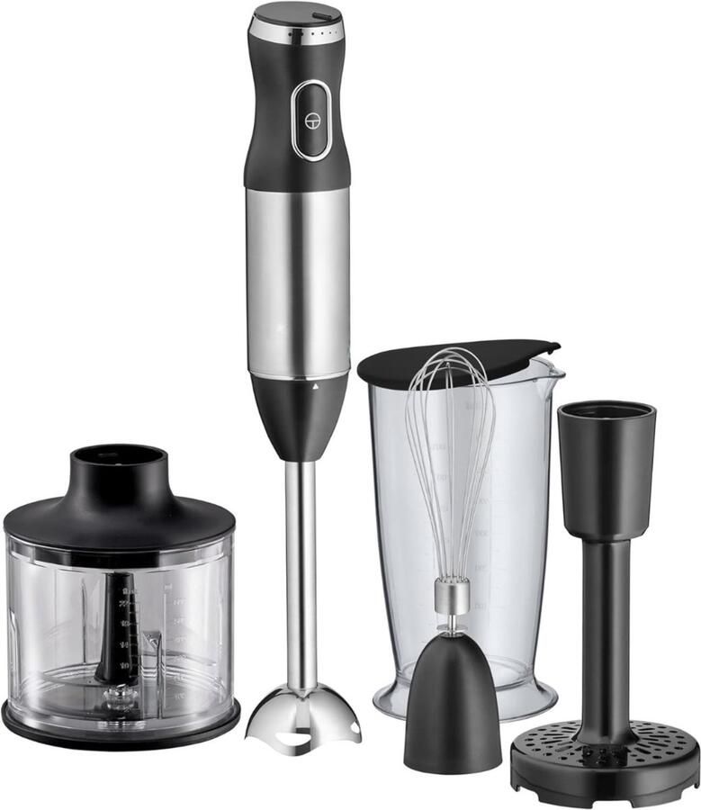 Staafmixer Set Staafmixerset 5-Delig: Pureerstok Garde Stamper En Hakmolen 600 Watt Staafmixer Incl. Mengbeker Van 700 Ml Mat Roestvrij Staal