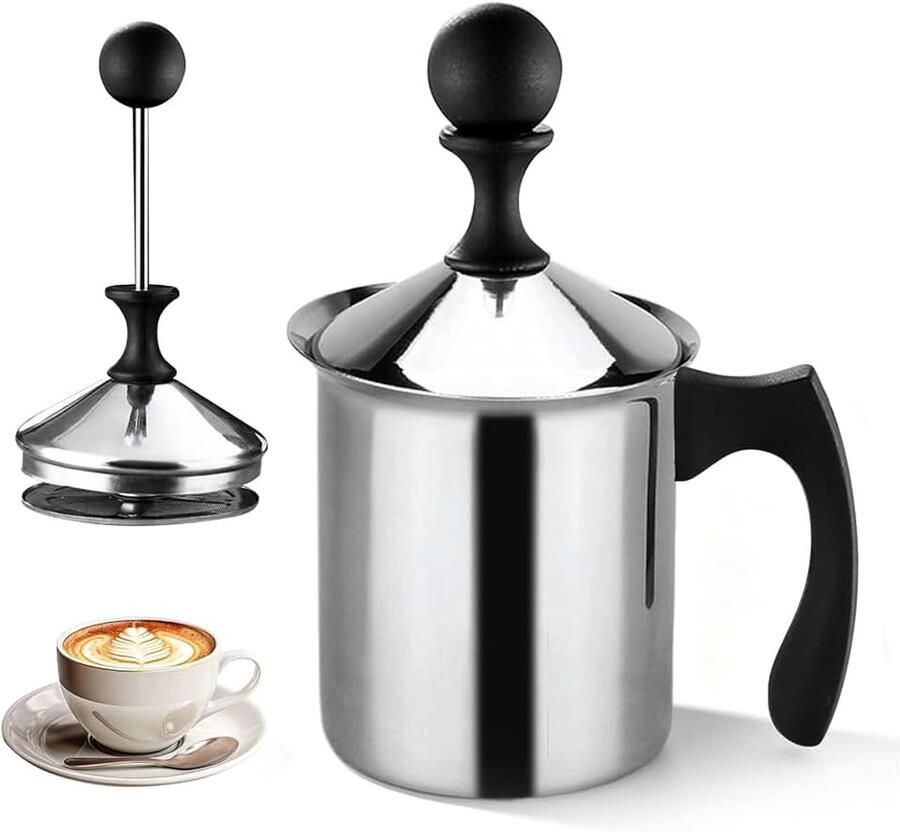 Staal Double Mesh melkopschuimer handmatig 800 ml handmatige melkopschuimer handmelkopschuimer speciaal drukmechanisme melkopschuimer voor het maken van koffie cappuccino schuimmelk
