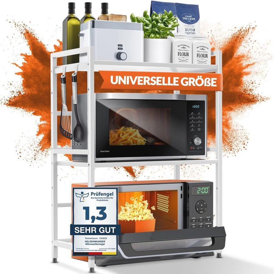 Staand Magnetronrek 3-laags Verstelbaar Keukenrek met Planken en Haken Wit