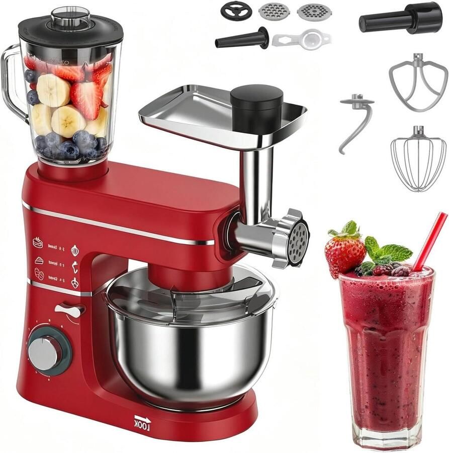 Staande Mixer Keukenmachine Keukenmixer Bakken en Koken 5-in-1 Multifunctioneel 10 Liter Rood