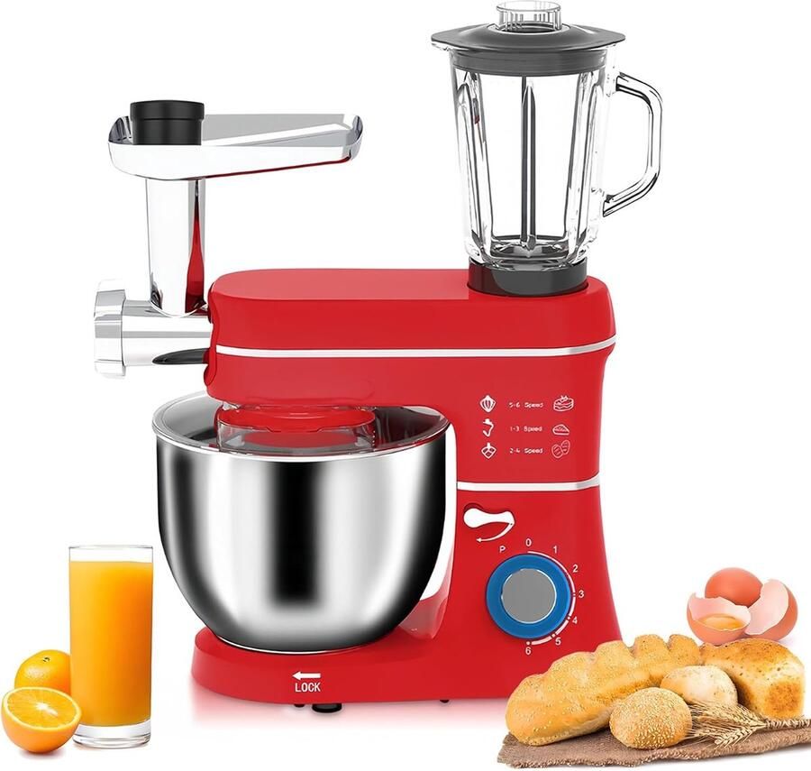 Staande Mixer Keukenmachine Keukenmixer Bakken en Koken 5-in-1 Multifunctioneel 10L Kom Rood