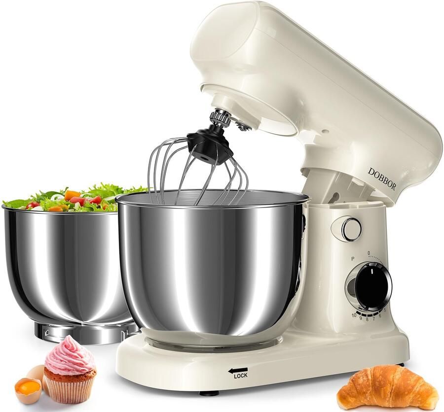 Staande mixer met 2 5 l + 3 l dubbele schalen 10 versnellingen elektrische bosmaaier 1500 W inclusief ei-slag deegslak en platte schraper voor thuis en dagelijks koken (wit)