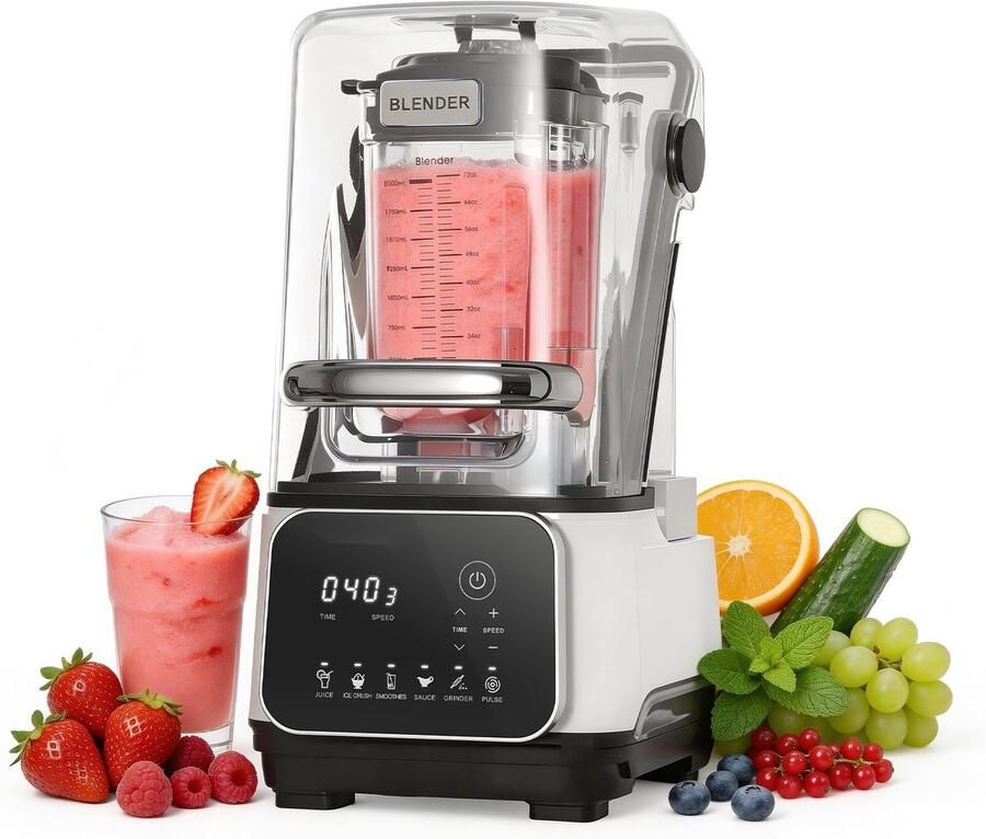 Staande Mixer Smoothie Blender 2L Powerblender 2200W Motor Met Beschermkap Instelbare Snelheid 6 Voorgeprogrammeerde Programma's Zelfreinigend IJscrusher Wit