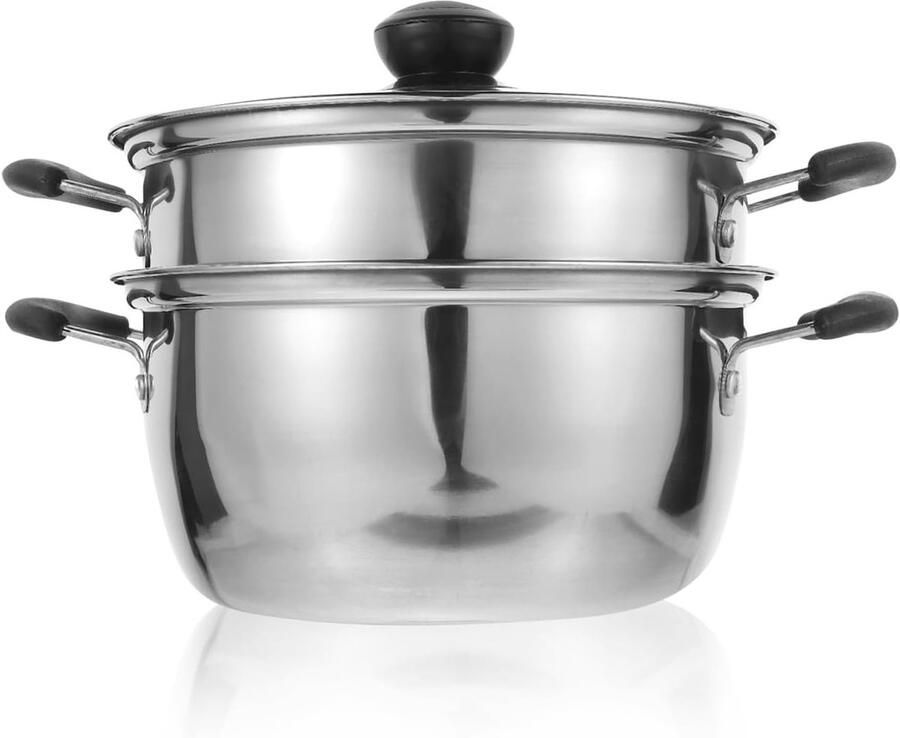 Stackable Stoomkoker met Glazen Deksel RVS Soeppan en 2 Containers Ideaal voor Groenten en Aardappelen Diameter 18 cm