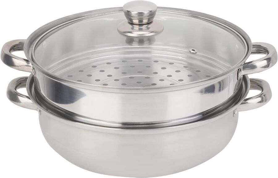 Stainless Steel 2-Tier Stoomkoker Set 27 cm Ideaal voor Groenten Vlees en Soepen Duurzaam Keukengerei voor Thuisgebruik 27 x 27 x 19.5 cm
