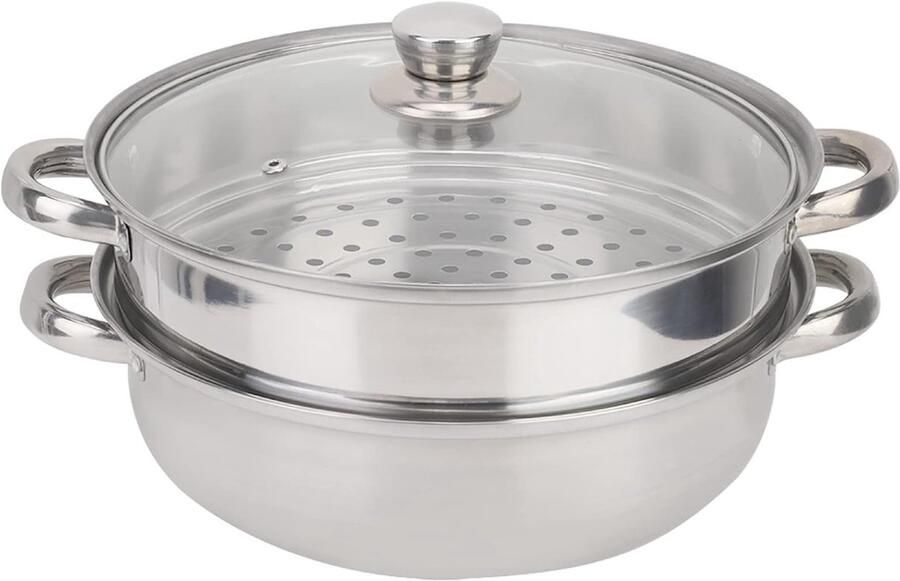 Stainless Steel 2-Tier Stoomkoker Set voor Thuisgebruik 27 cm Ideaal voor Groenten Vlees en Soepen Duurzaam en Efficiënt Koken 27 x 27 x 19.5 cm