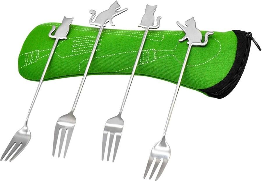 Stainless Steel Cake Forks voor Fruit en Dessert 4 Stuks met Bescherming Ideaal voor Thuis Kamperen en Picknicken (14.5x2cm)
