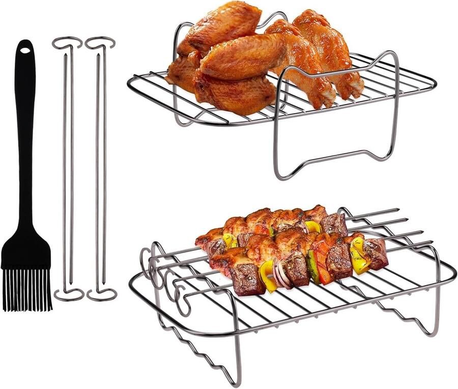 Stainless Steel Grillplaat en Accessoires voor Airfryer met 4 Spiesjes en 1 Oliekwastje