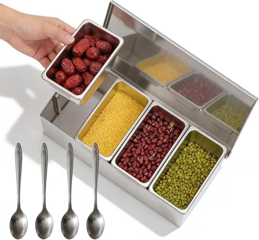 Stainless steel ingredient holder voor pizza met 4 compartimenten deksel en lepel duurzaam en corrosiebestendig