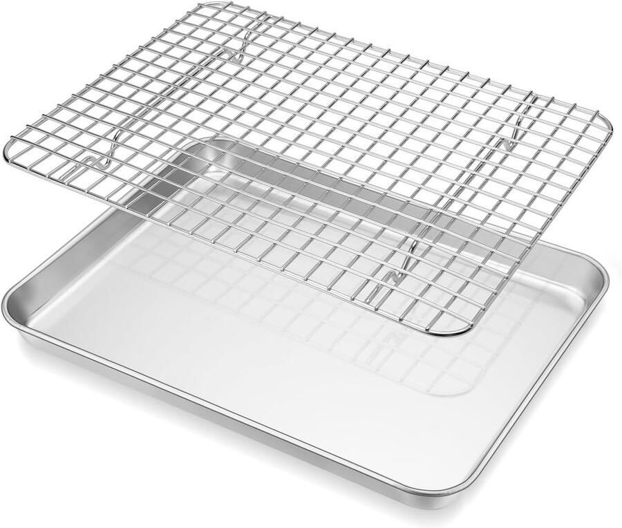Stainless steel rechthoekige bakplaat met koelrek 31.5 x 24.6 x 2.5 cm vaatwasserbestendig en veilig voor voedsel ideaal voor bakken en serveren