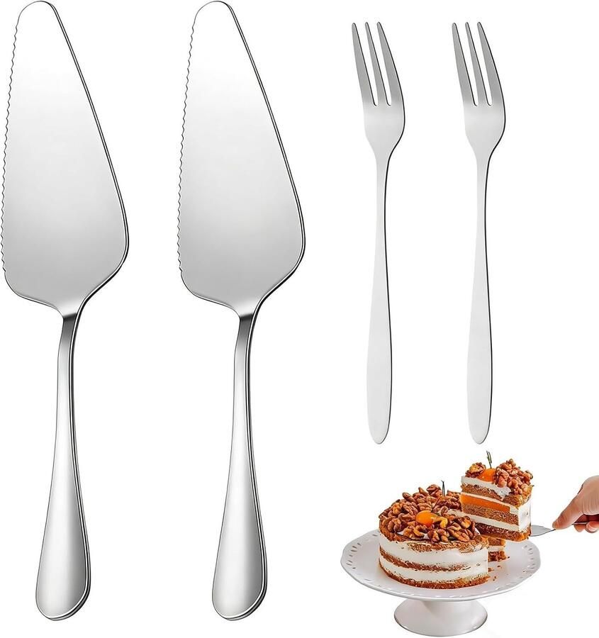 Stainless Steel Taartserveerset 2 Taartlifters met Snijrand & 2 Dessertvorken Taartmes en Pizza Schop voor Feesten Keuken en Restaurantgebruik