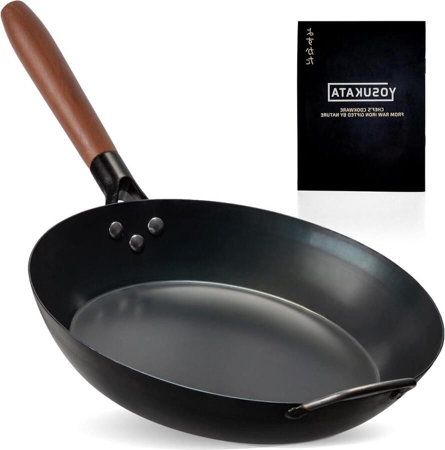 Koolstofstaal Pan 30 cm Ovenvaste Pan met Afneembaar Houten Handvat Geschikt voor Inductie