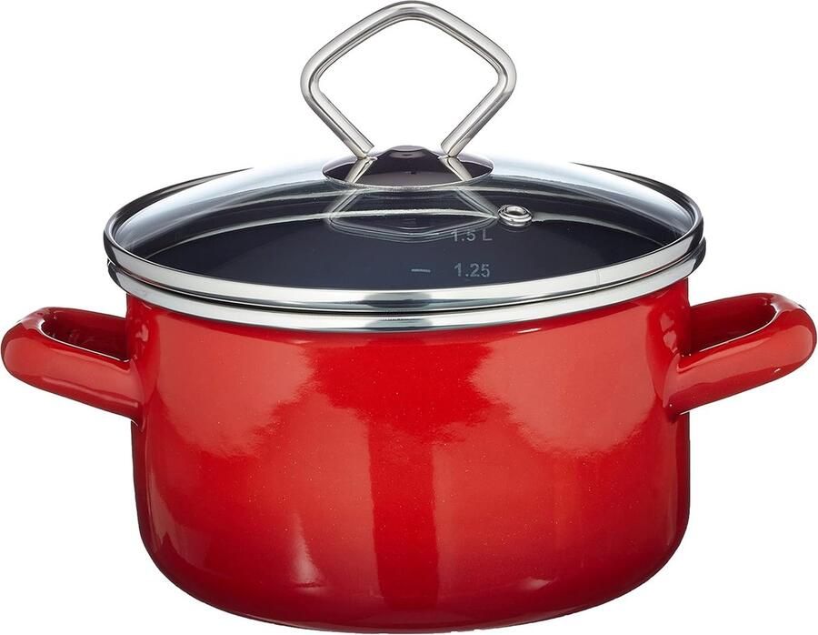 Stalen Steelpan Kookpan met deksel Sausen en Koken Binnen diamantglazuur 16 cm Rood