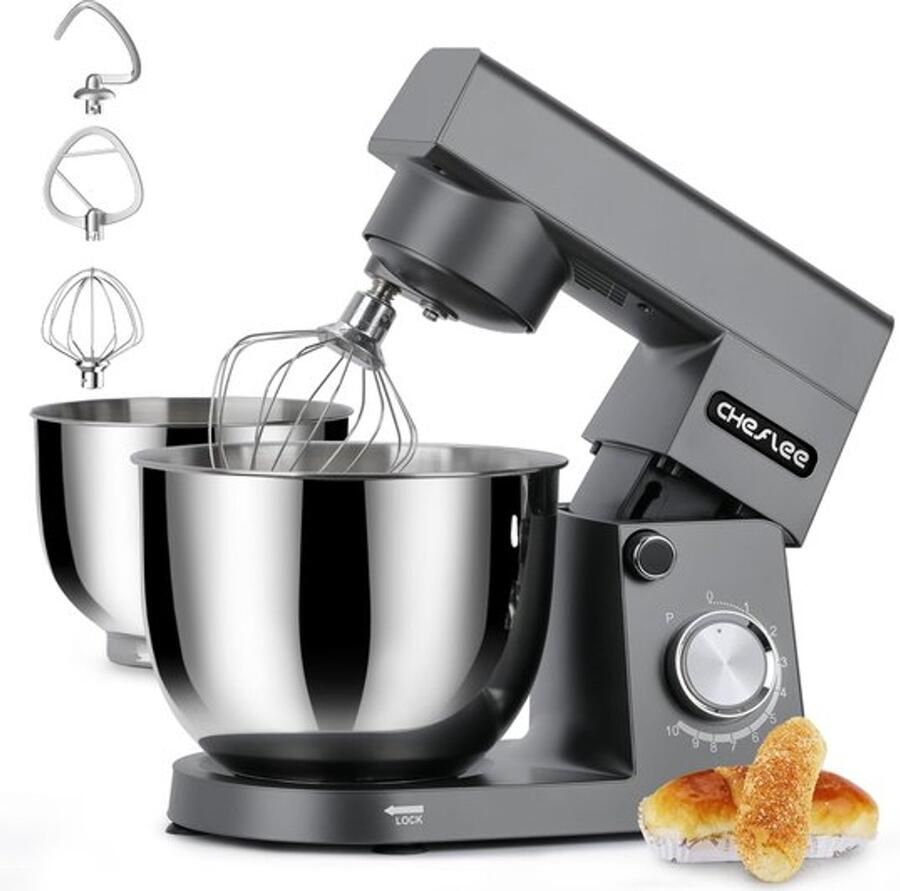 Standmixer 1500W Keukenmachine met 4 5L en 5 5L RVS Kommen met Menghaak Deeghaak Garde 10 Snelheden