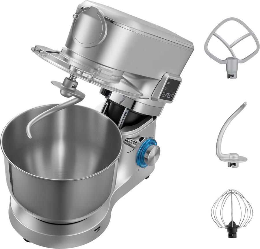Standmixer met Een Capaciteit van 5 7 L 1500 W Elektrische Keukenmixer 6+P Snelheden Kantelbaar Ontwerp Inclusief 1 5 L Blenderbeker Roestvrijstalen Kom Deeghaak Garde en Klopper voor Bakken en Mixen Zilver