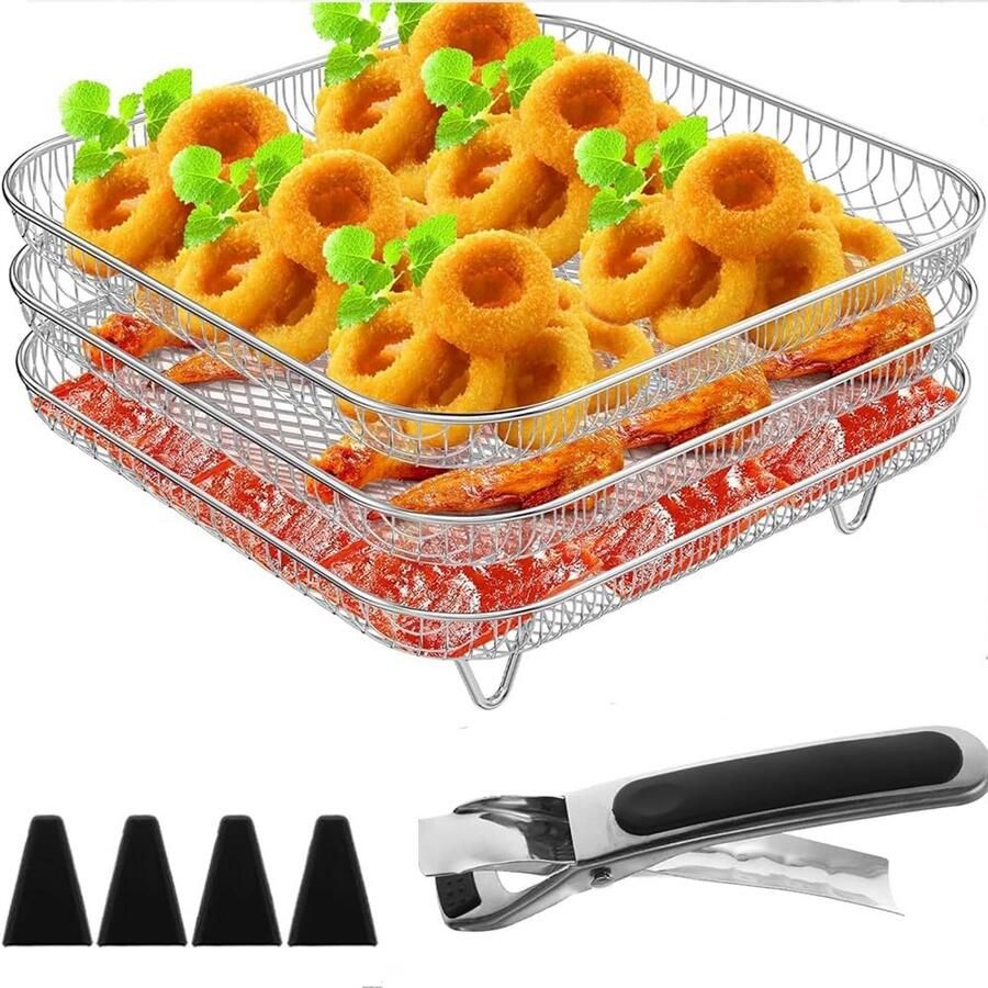 Stapelbaar 3-Laags Airfryer Rack van RVS Grill Dehydrator Mand & Anti-Brandwonden Clip
