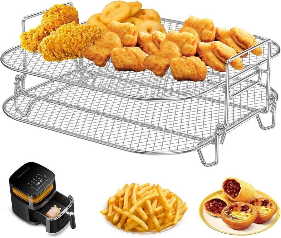 Stapelbaar RVS Airfryer Rack & Dehydrator Rek voor Dubbele Mand