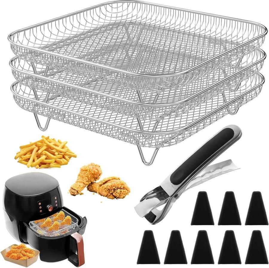 Stapelbare Airfryer Manden 3 Stuks Roestvrij Staal met Siliconen Voeten en Pincet Kookaccessoires voor Heteluchtfriteuse