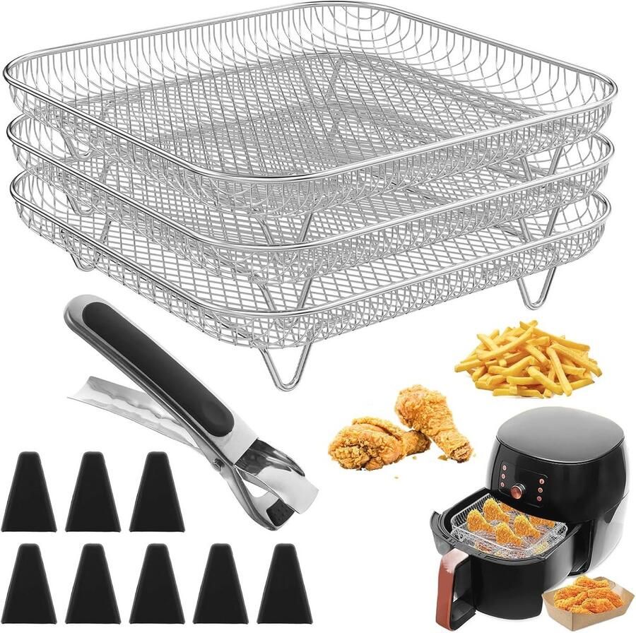 Stapelbare Airfryer Manden 3 Stuks Roestvrij Staal met Siliconen Voeten en Pincet Kookaccessoires voor Heteluchtfriteuse