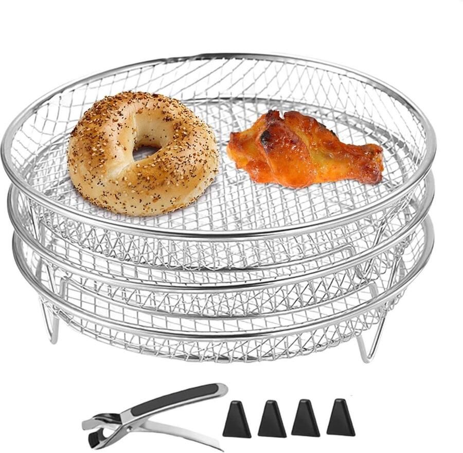 Stapelbare Grillmanden Airfryer Plank Koken en Grillen Roestvrij Staal 3 stuks Zilver