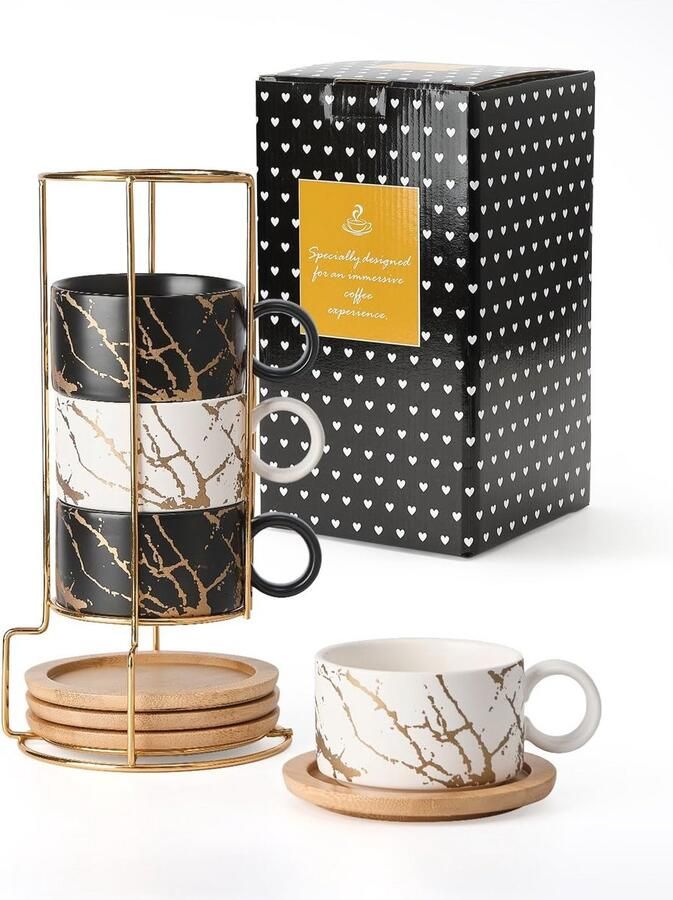 Stapelbare Keramische Koffiekopjes voor Cappuccino Espresso en Latte Set van 4 Marmeren Collectie