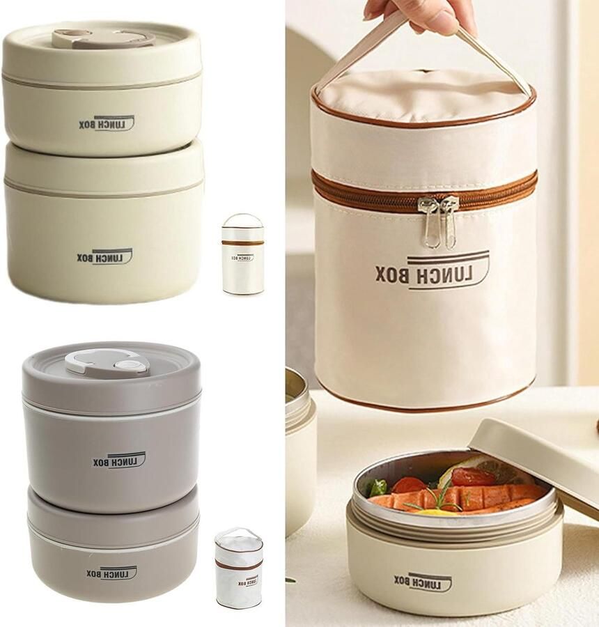 Stapelbare Lunchbox Set Voedselcontainer Set Warme Maaltijden Meenemen Roestvrij Staal Isolatie 3 Stuks Bruin
