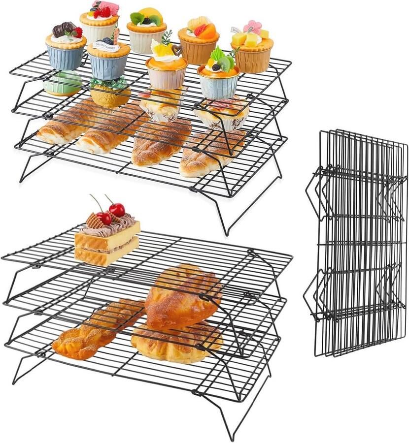 Stapelbare Taartroosters 2 Stuks 3-laags Afkoelrooster voor Cake Grillen en Gebak Zwart Roestvrij Staal 40 x 25 x 7 5 cm - Foto 2