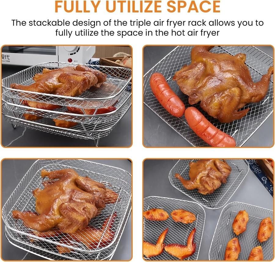 Stapelen van 3-laags Air Fryer Rack van RVS: Vierkante Bakplaat met Siliconen Voetjes en Tang Ideaal voor Oven en Airfryer Accessoires