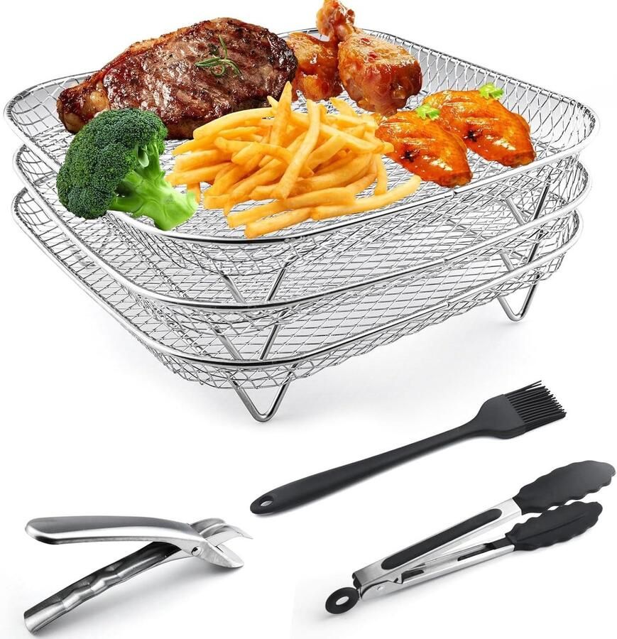 Stapeltableau voor Airfryer van RVS 3-laags dehydrator met tangen en borstel voor bakken en braden in oven en magnetron