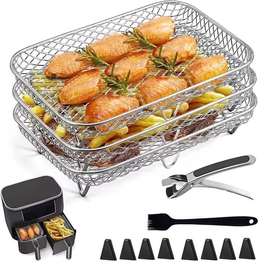 Stapeltabletten voor Airfryer 3-delige set van 304 roestvrij staal perfect voor koken en bakken in oven en magnetron