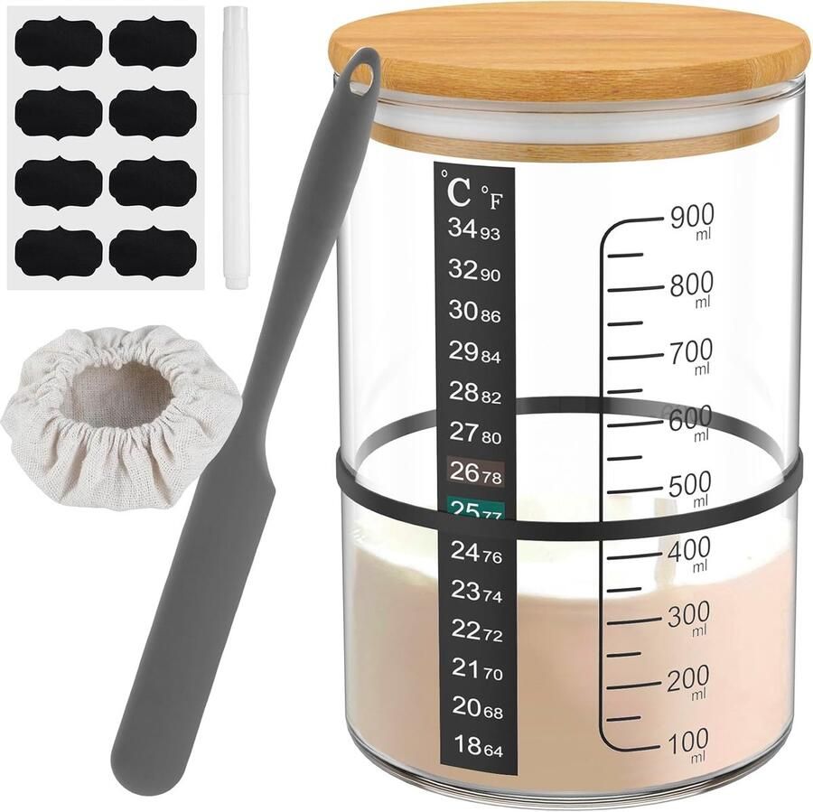 Starter Pot Glazen Pot Zelf Brood Bakken Inclusief Hulpmiddelen 900ml Transparant
