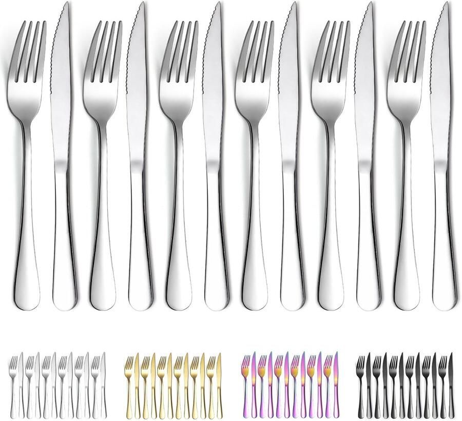 Steak Bestek Set Messen en Vorken Dineren en Feestjes Goud Titanium Gecoat 12 Delig Goud