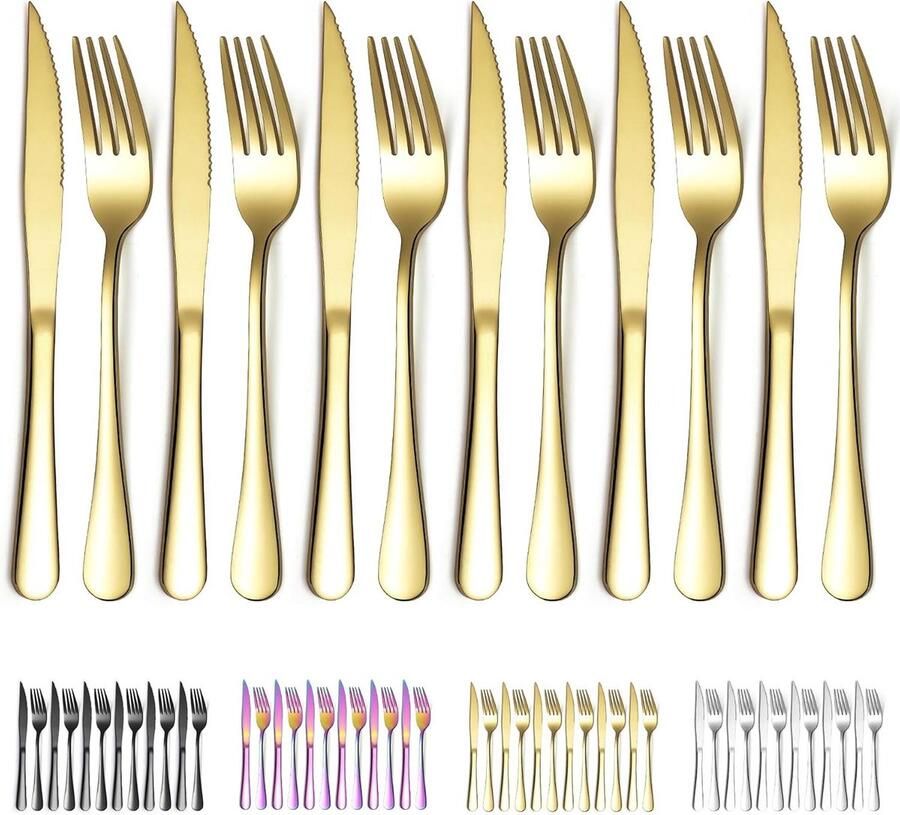 Steak Bestek Set Tafelmes Vork Dineren Thuis Goud Titanium Gecoat 12 Delig Goud