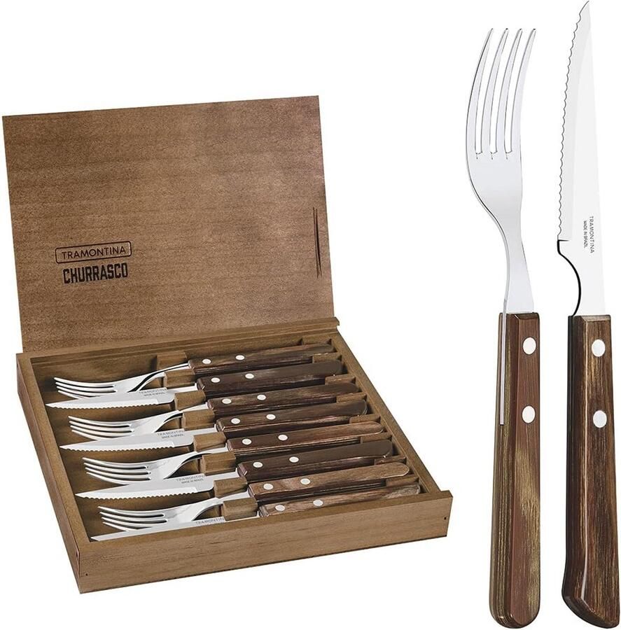 Steak- en Pizzames Bestekset 8 Delig Bruin Handvat