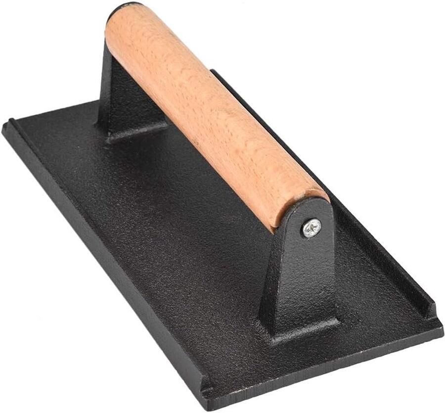 Steak Gewicht Burger Pers Gelijkmatig Grillen Koel Houten Handvat 20.5 x 10.5 cm Zwart