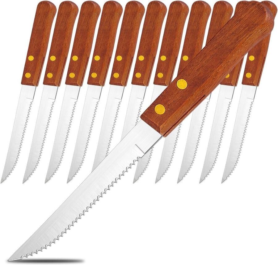Steak messen set Bestek set Dineren aan tafel Gekartelde rand 12 stuks Bruin