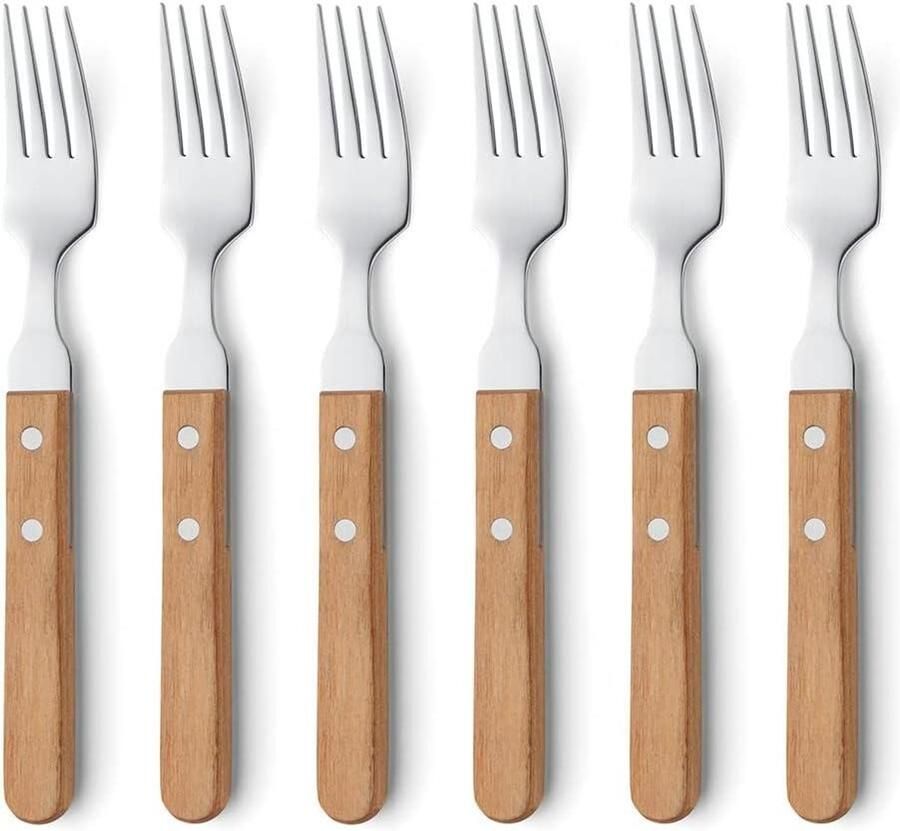 Steak Vork Set Pizzavorken Hout Eten Serveren Handvat met Klinknagels 6 Stuks Natuurlijk Hout